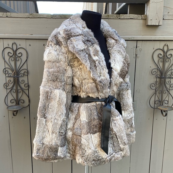 Vintage 70s 80s Rabbit Fur Belted Bomber Coat Jacket - Picture 2 of 8